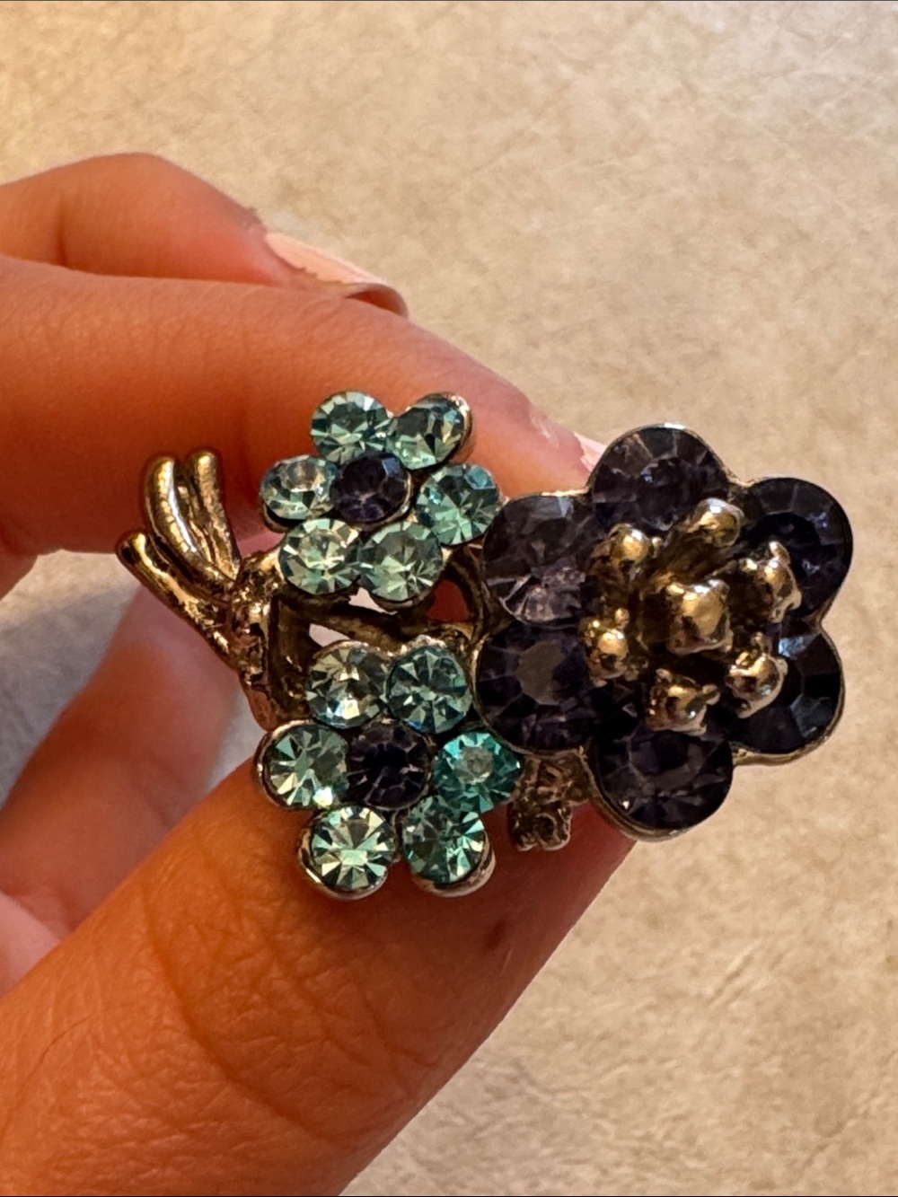 Floral Crystal Brooch in Aqua and Navy